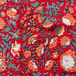 Blockprint Flower apricot on red