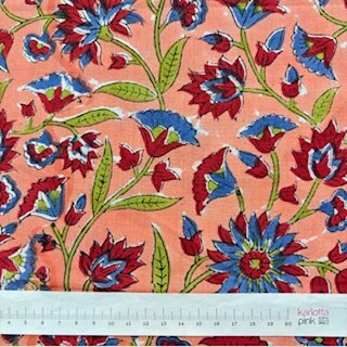 Blockprint Flower blue red on apricot