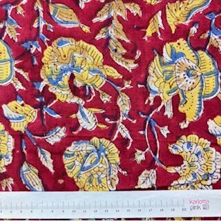 Blockprint Flower yellow blue on red