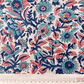 Blockprint Flower blues apricot on white