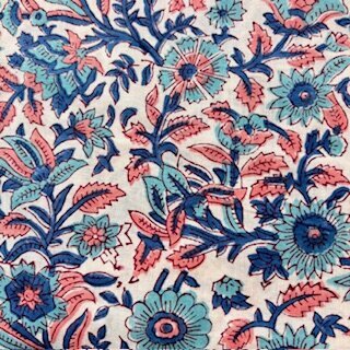 Blockprint Flower blues apricot on white